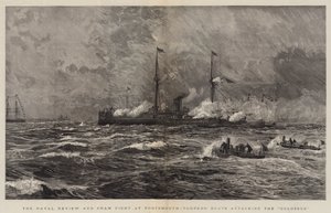 Przegląd marynarki wojennej i fikcyjna walka w Portsmouth, łodzie torpedowe atakują Kolosa